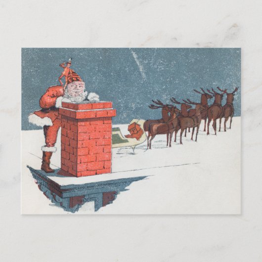 Vintager Weihnachtsmann und Elf Chimney Weihnachte Postkarte (Vorderseite)