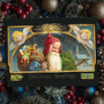 Vintager Weihnachtsmann und Engel Weihnachten Post<br><div class="desc">Vintages Grußkartendesign aus der Viktorianischen Zeit mit dem lächelnden Santa,  umgeben von Sternen und Kirschen auf einem dunklen Hintergrund.</div>