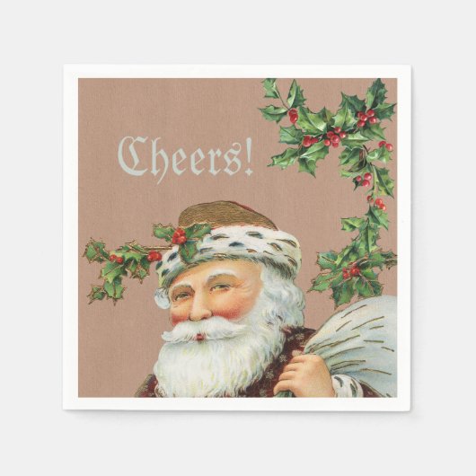 Vintager Weihnachtsmann und Holly auf dem Kraftpap Serviette (Vorderseite)