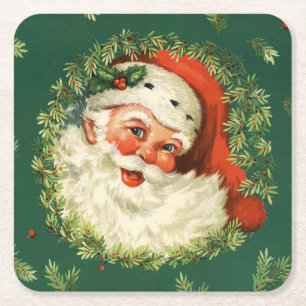 Vintager Weihnachtsmann und Kiefernkranz Rechteckiger Pappuntersetzer
