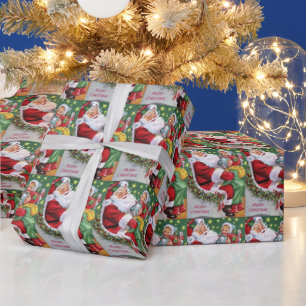 Vintager Weihnachtsmann und Kinder geflieste Party Geschenkpapier