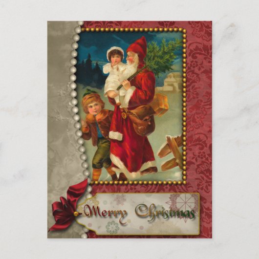 Vintager Weihnachtsmann und Kinder Postkarte (Vorderseite)