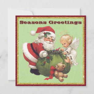 Vintager Weihnachtsmann und Kleiner Engel-Flat Wei Feiertagskarte