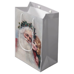 Vintager Weihnachtsmann und lächelndes Kind Mittlere Geschenktüte