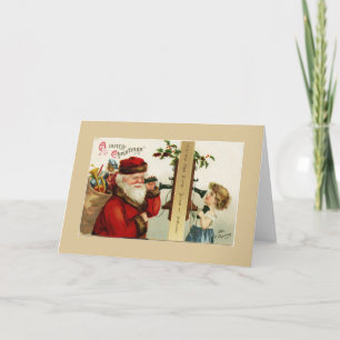 Vintager Weihnachtsmann und Mädchen am Telefon Feiertagskarte