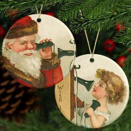 Vintager Weihnachtsmann und Mädchen am Telefon Wei Keramik Ornament