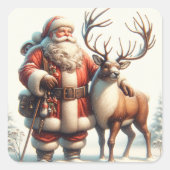 Vintager Weihnachtsmann und Rentier Nostalgische W Quadratischer Aufkleber (Vorderseite)