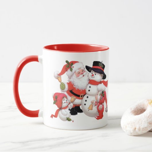 Vintager Weihnachtsmann und Schneemann Tasse (Mit Donut)
