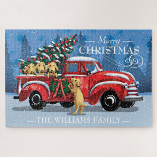 Vintager Weihnachtsroter LKW mit Hunden Familienna Puzzle