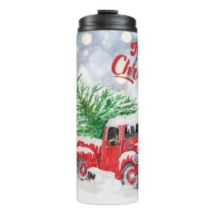 Vintager Weihnachtsrottruck mit Baumwagenschnee Thermosbecher