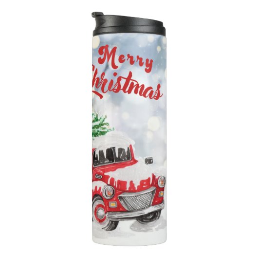 Vintager Weihnachtsrottruck mit Baumwagenschnee Thermosbecher (Nach rechts gedreht)