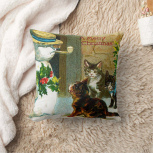 Vintager Weihnachtssnowman und Katzenkissen Kissen