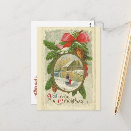 Vintager Weihnachtsspaziergang mit Mutter Postkarte (Vorderseite/Rückseite Beispiel)