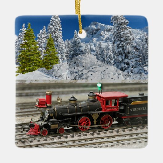 Vintager Weihnachtszug mit Winterschnee Keramikornament (Vorderseite)