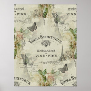 Vintager Wein Paris und Rosen-Kunst-Plakat oder Poster
