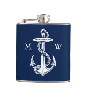 Vintager weißer Anker-Seil-Marine-Blau-Hintergrun Flachmann