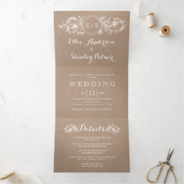 Vintager, weißer Blumenrahmen, Initialen einer Kra Dreifach Gefaltete Einladung