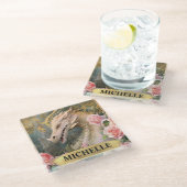 Vintager weißer Drache und rosa Rosen Glasuntersetzer (Schrägansicht)