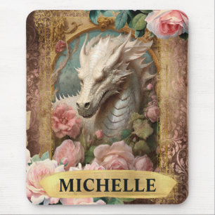 Vintager weißer Drache und rosa Rosen Mousepad
