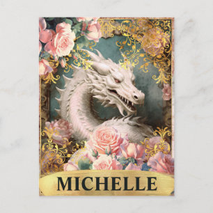 Vintager weißer Drache und rosa Rosen Postkarte