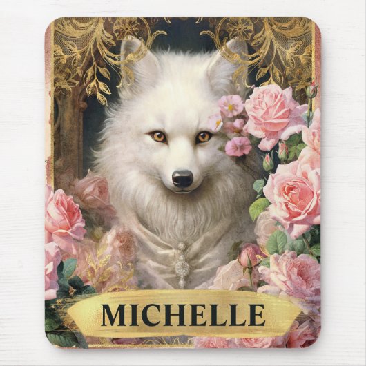 Vintager weißer Fox und rosa Rosen Mousepad (Vorne)