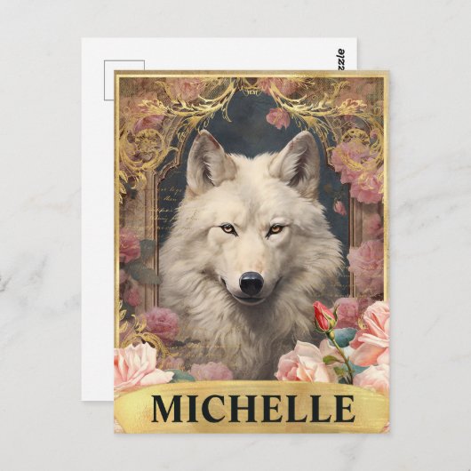 Vintager Weißer Wolf und Rosen Postkarte (Vorne/Hinten)