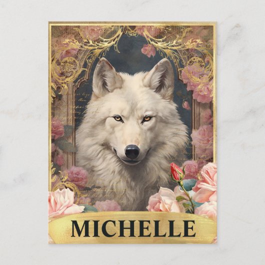 Vintager Weißer Wolf und Rosen Postkarte (Vorderseite)
