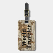 Vintager Weltkarten-Weltreisender u. -name Gepäckanhänger (Vorderseite vertikal)