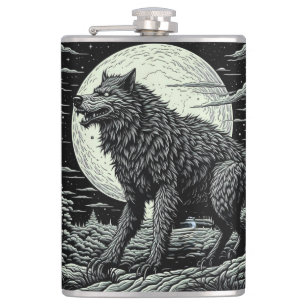 Vintager Werwolf vor dem Vollmond Flachmann