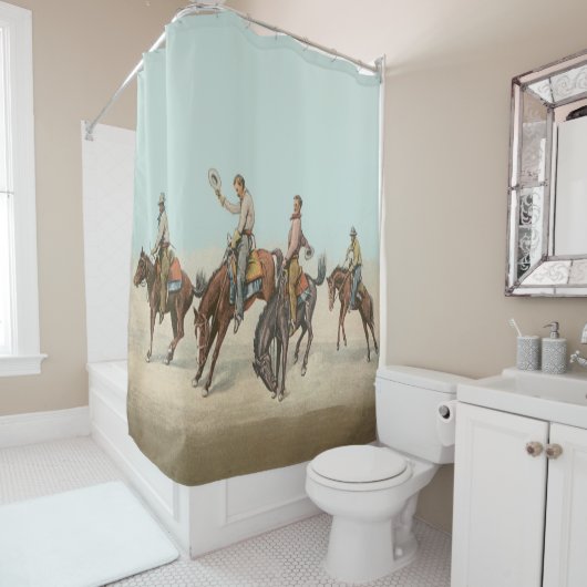 Vintager Western 4 Cowboys bei Buckelpferden Duschvorhang (Beispiel)