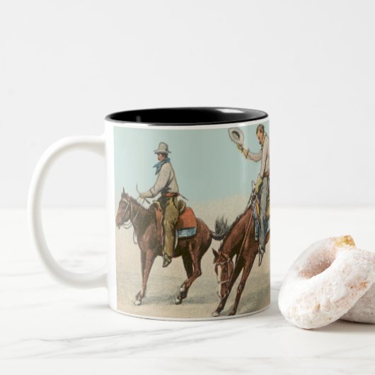 Vintager Western 4 Cowboys bei Buckelpferden Zweifarbige Tasse (Mit Donut)