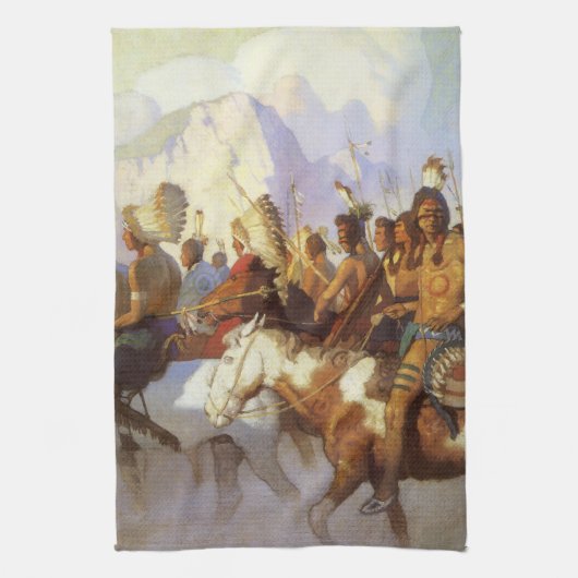 Vintager Western Art, Party des Indischen Krieges Geschirrtuch (Vertikal)