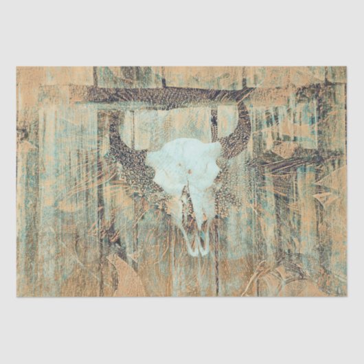 Vintager Western Bull Skull Aquamarin Brown Abstra Seidenpapier (Vorderseite)