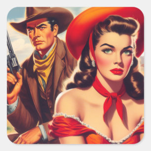 Vintager Western Couple Quadratischer Aufkleber