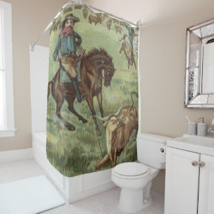 Vintager Western-Cowboy, der einen Ochsen Roping Duschvorhang