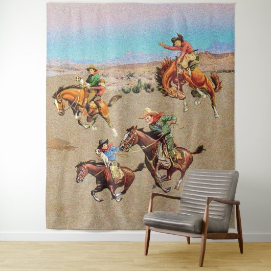 Vintager Western Cowboy Kinder auf Pferden Wandteppich (Beispiel)