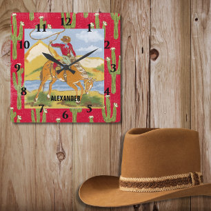 Vintager Western Cowboy Rodeo Kunst, Dichtung und  Quadratische Wanduhr