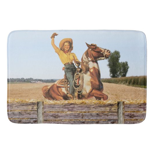 Vintager Western Cowgirl am Horse Waving Badematte (Vorderseite)