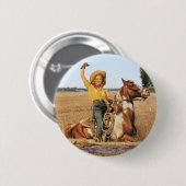 Vintager Western Cowgirl am Horse Waving Button (Vorne & Hinten)