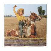 Vintager Western Cowgirl am Horse Waving Fliese (Vorderseite)