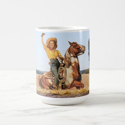 Vintager Western Cowgirl am Horse Waving Kaffeetasse (Mittel)