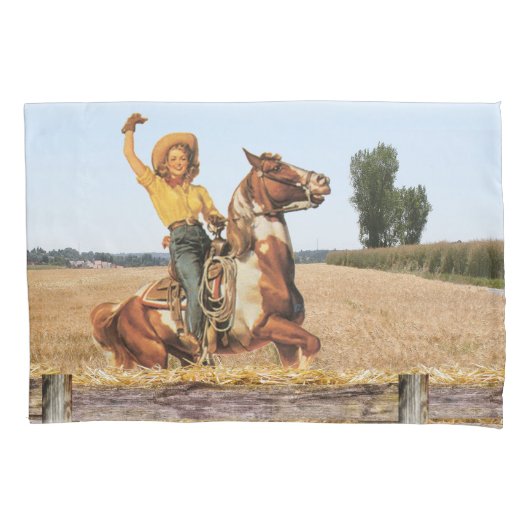 Vintager Western Cowgirl am Horse Waving Kissenbezug (Vorderseite)