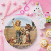 Vintager Western Cowgirl am Horse Waving Pappteller (Party)