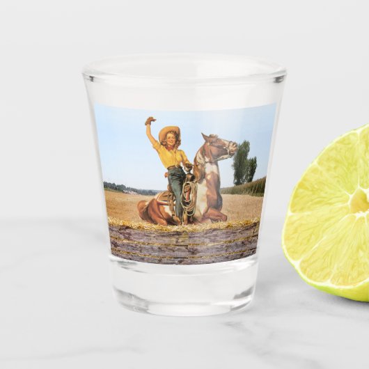 Vintager Western Cowgirl am Horse Waving Schnapsglas (Vorderseite)