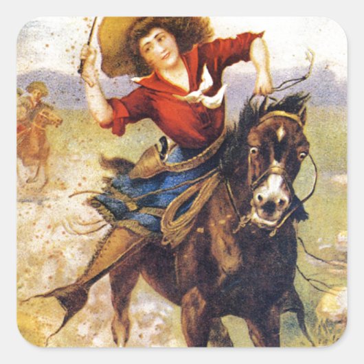 Vintager Western Cowgirl am Pferd Quadratischer Aufkleber (Vorderseite)