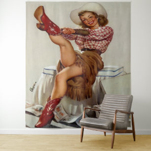 Vintager Western Cowgirl beim Anziehen von Rottöhr Wandteppich