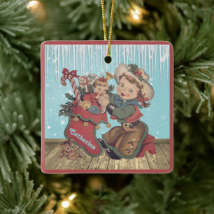 Vintager Western Cowgirl Kind und Weihnachts-Strum Keramikornament
