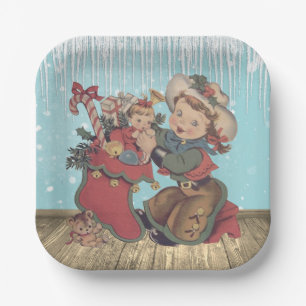 Vintager Western Cowgirl Kind und Weihnachts-Strum Pappteller