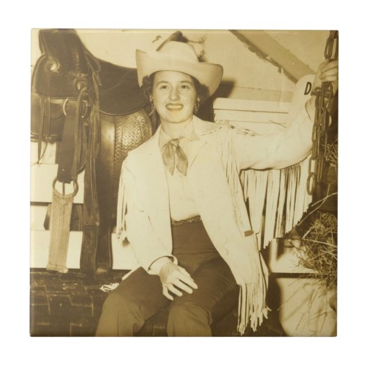 Vintager Western Cowgirl mit Sattel Fliese (Vorderseite)