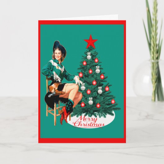 Vintager Western Cowgirl mit Weihnachtsbaum Feiertagskarte (Vorderseite)